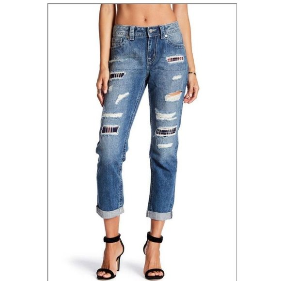 SOLD Miss Me Torn Plaid Patch Boyfriend Ankle Jeans 25 - Picture 2 of 7